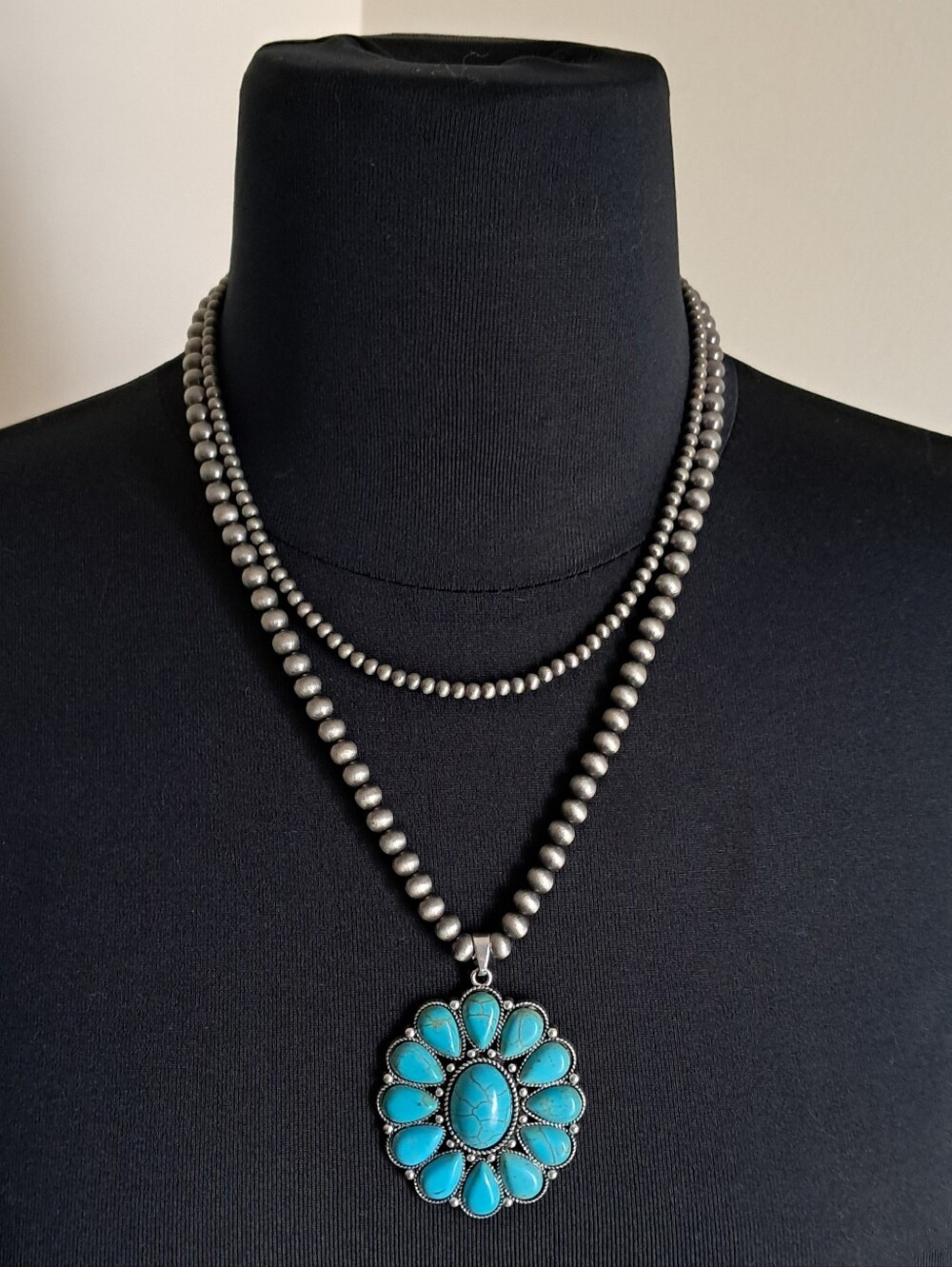 Bohemian Faux Turquoise Double Layer Silver Tone Statement Necklace